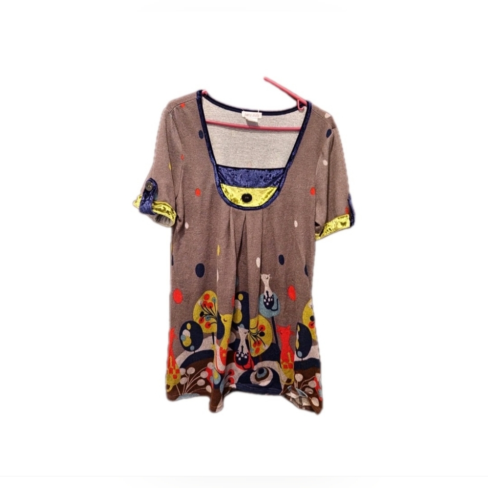 Wearable Art Cat Short Sleeve Tunic Size‎ 12 Pura Vida Colorful Artsy